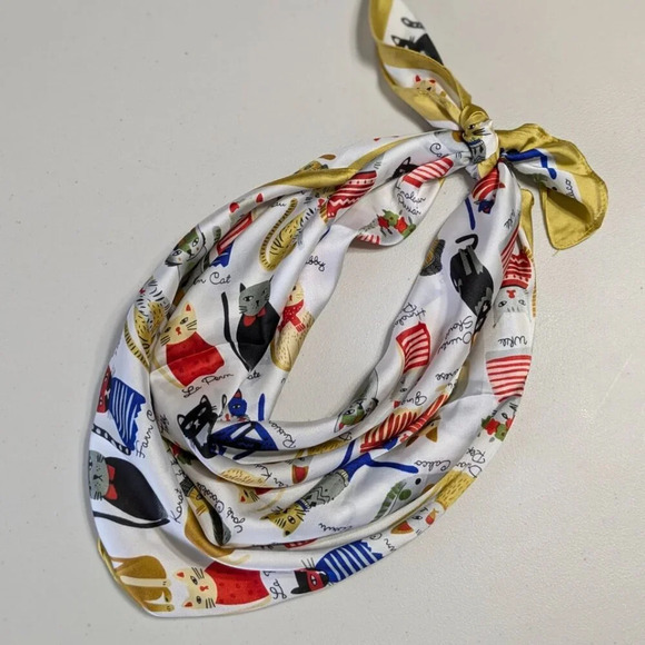 Assorted colorful whimsical cats on white background with gold trim scarf - Picture 6 of 11